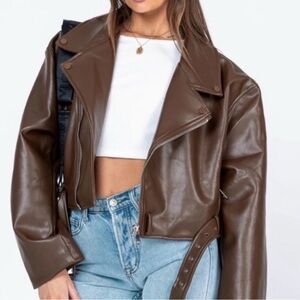 Lioness Oversized Brown Faux Leather Moto Jacket
